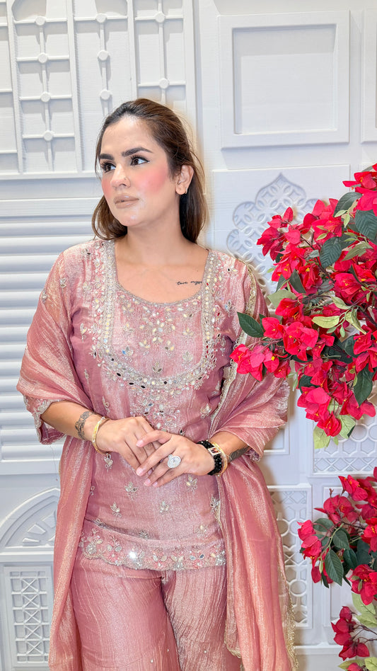 Beautiful embroidered kurta, palazzo, and dupatta set PC3605