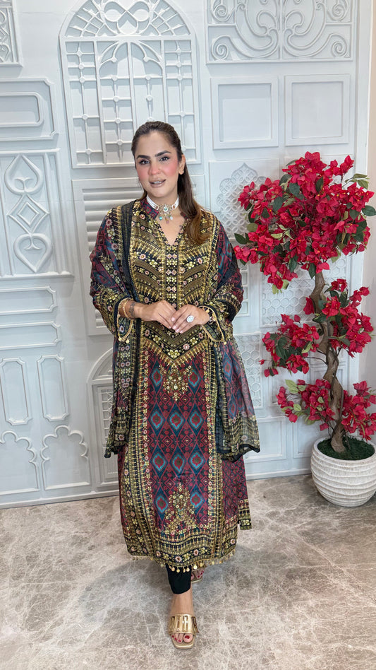 Beautiful patterned printed long kurta set pc3608