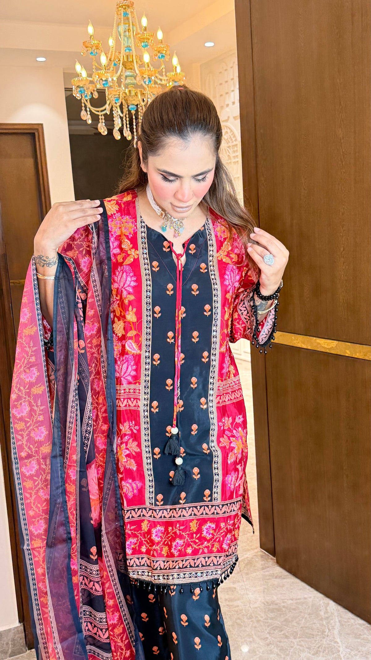 Beautiful black and pink printed pure crepe suit pc3609