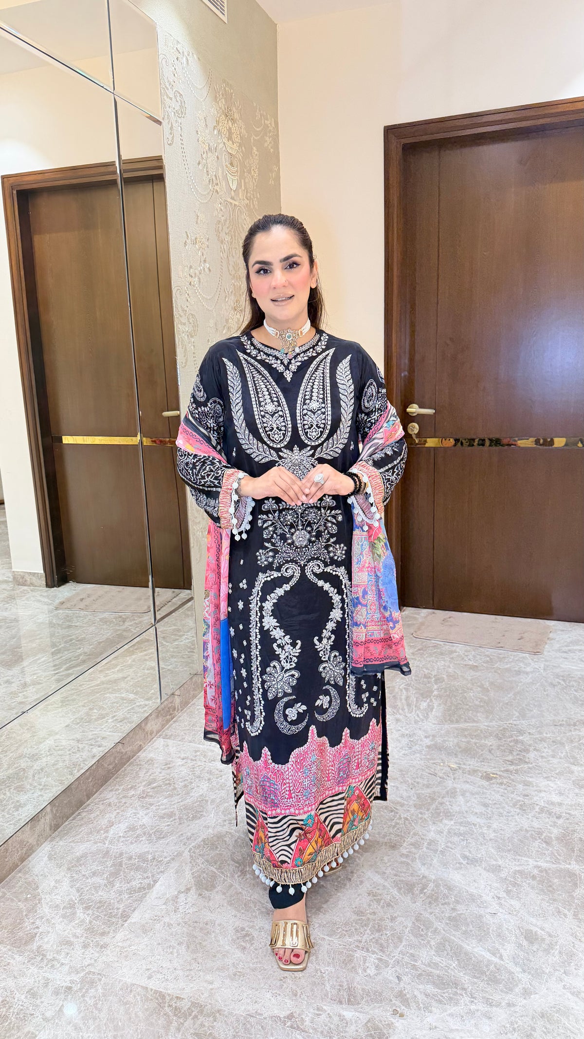 Beautiful black embroidered long kurta pc3610