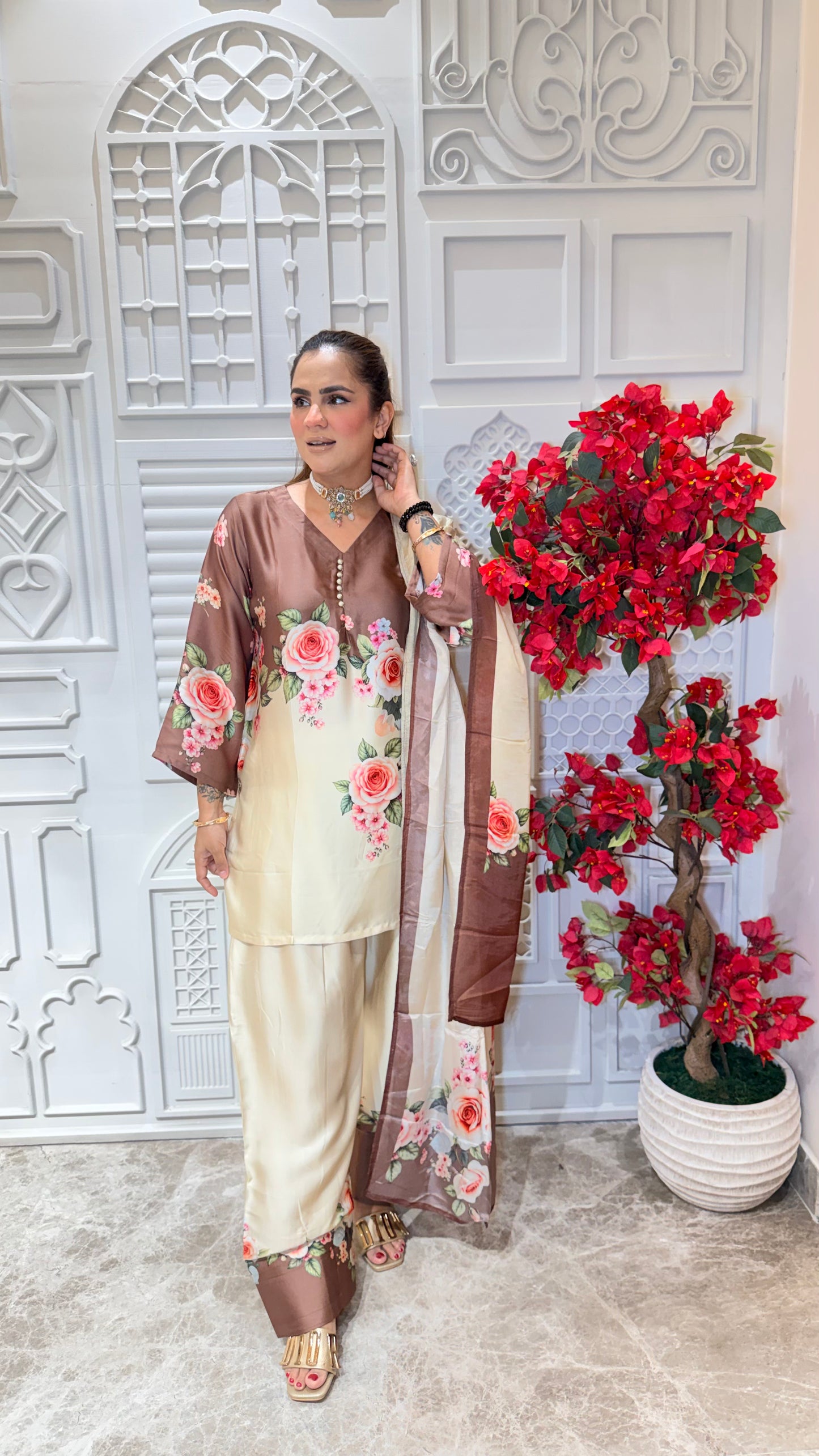 Beautiful cream and brown modal satin digital-printed farshi salwar kameez set pc3611