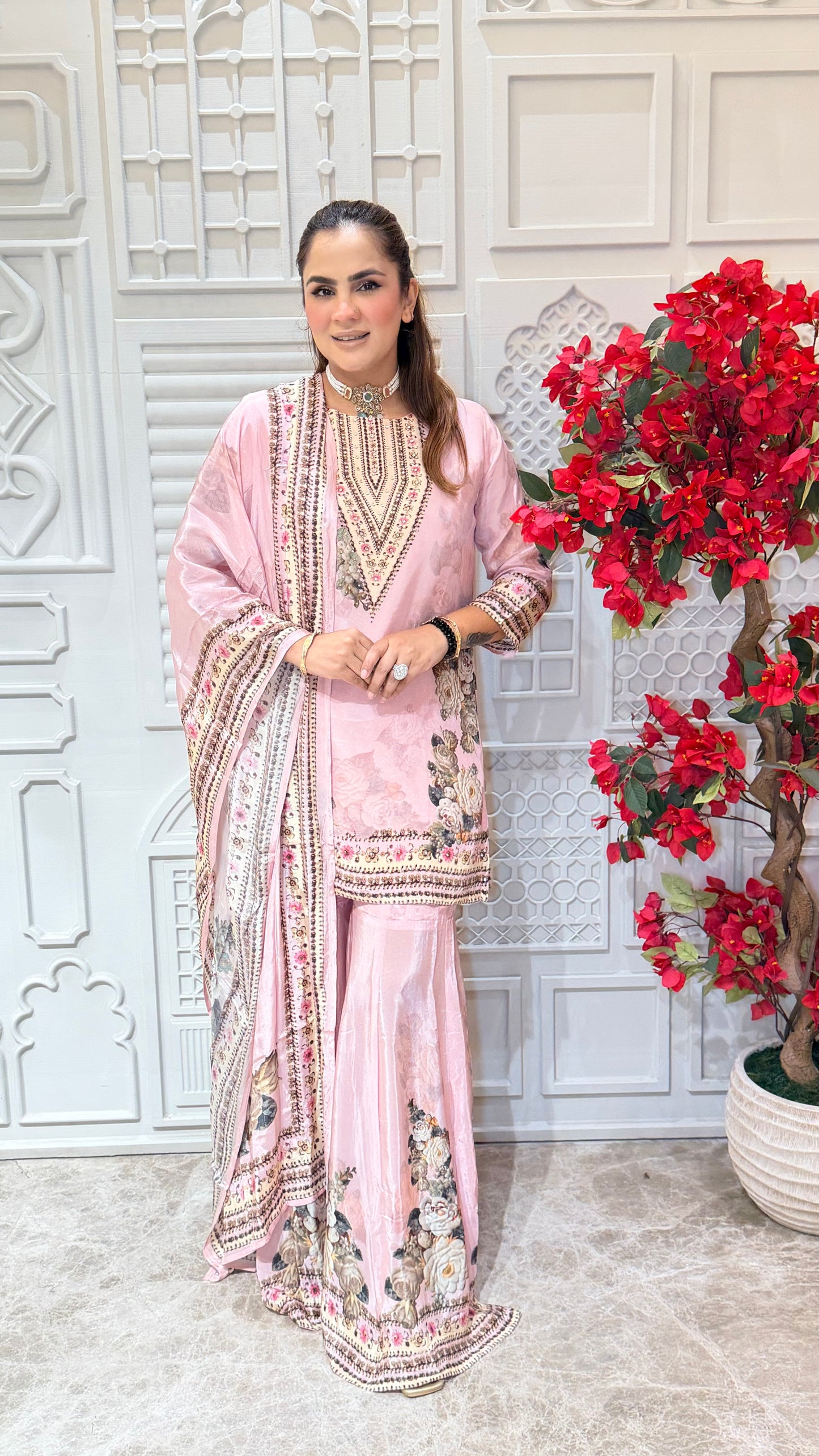 Beautiful pastel pink floral printed sharara suit Pc3612