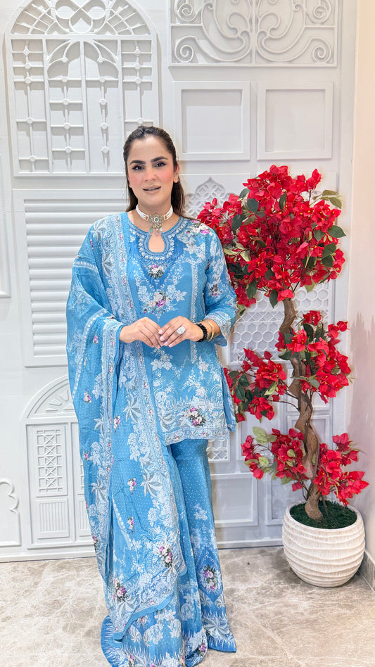Beautiful light blue floral printed and embellished sharara kurta set Pc3613