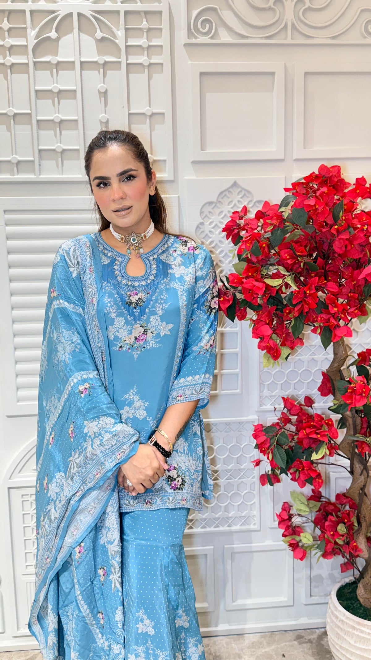 Beautiful light blue floral printed and embellished sharara kurta set Pc3613