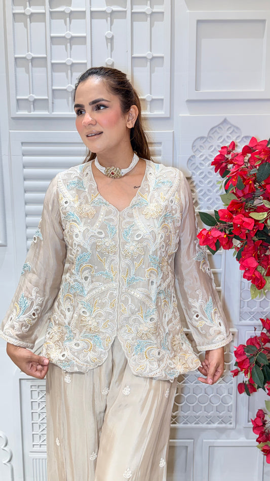 Beautiful pink embroidered jacket and matching palazzo pants set. Pc3615