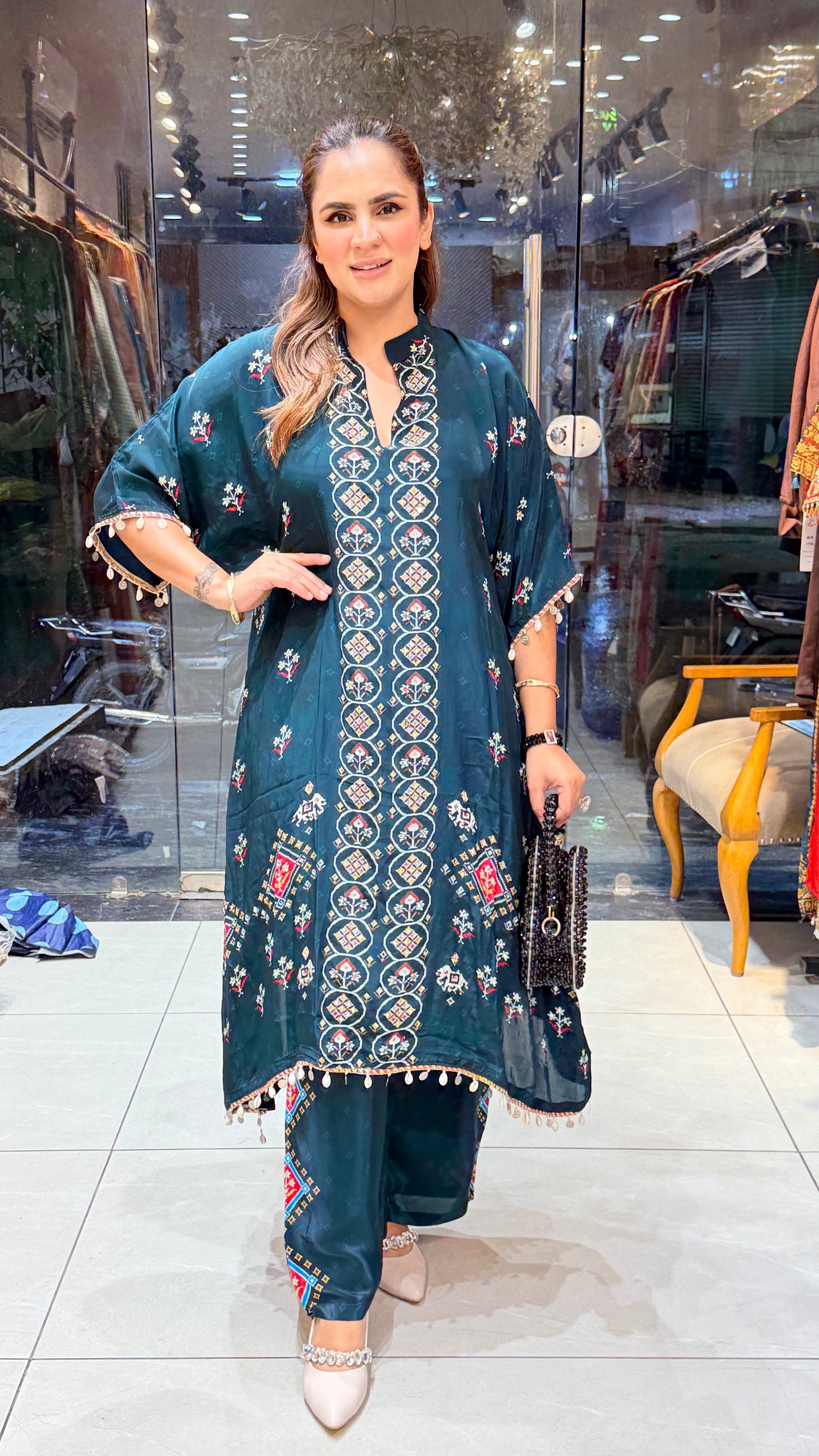 Elegant teal blue embroidered kaftan-style tunic and matching trousers set Pc3621