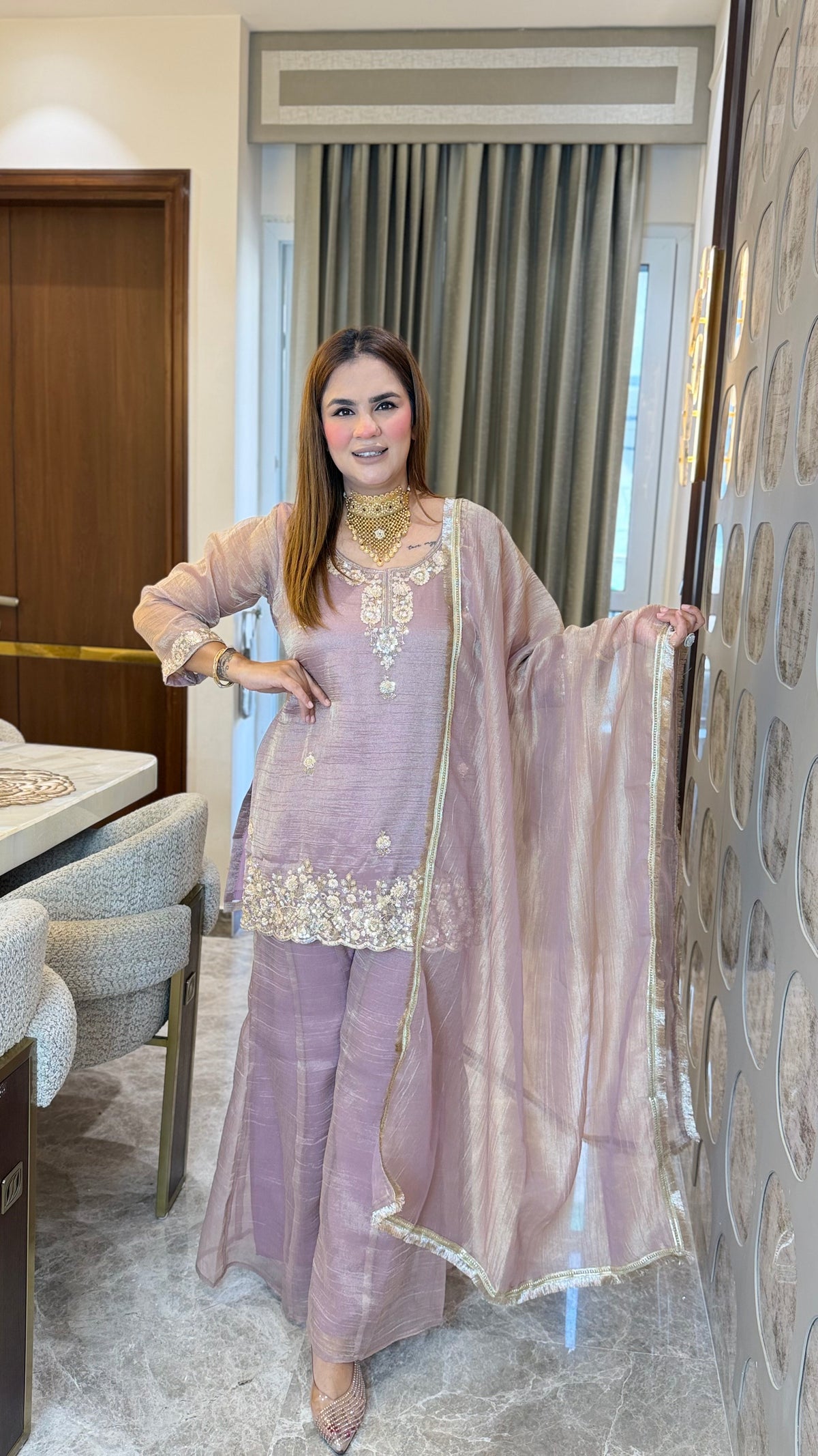 Elegant pink shimmering tissue-silk kurta PC3646