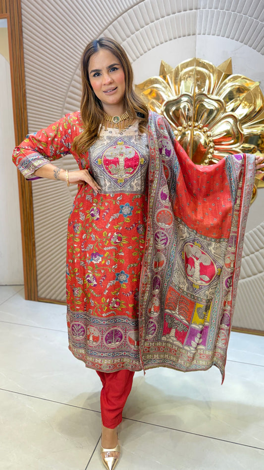 Beautiful red and beige printed ethnic kurta set pc3684