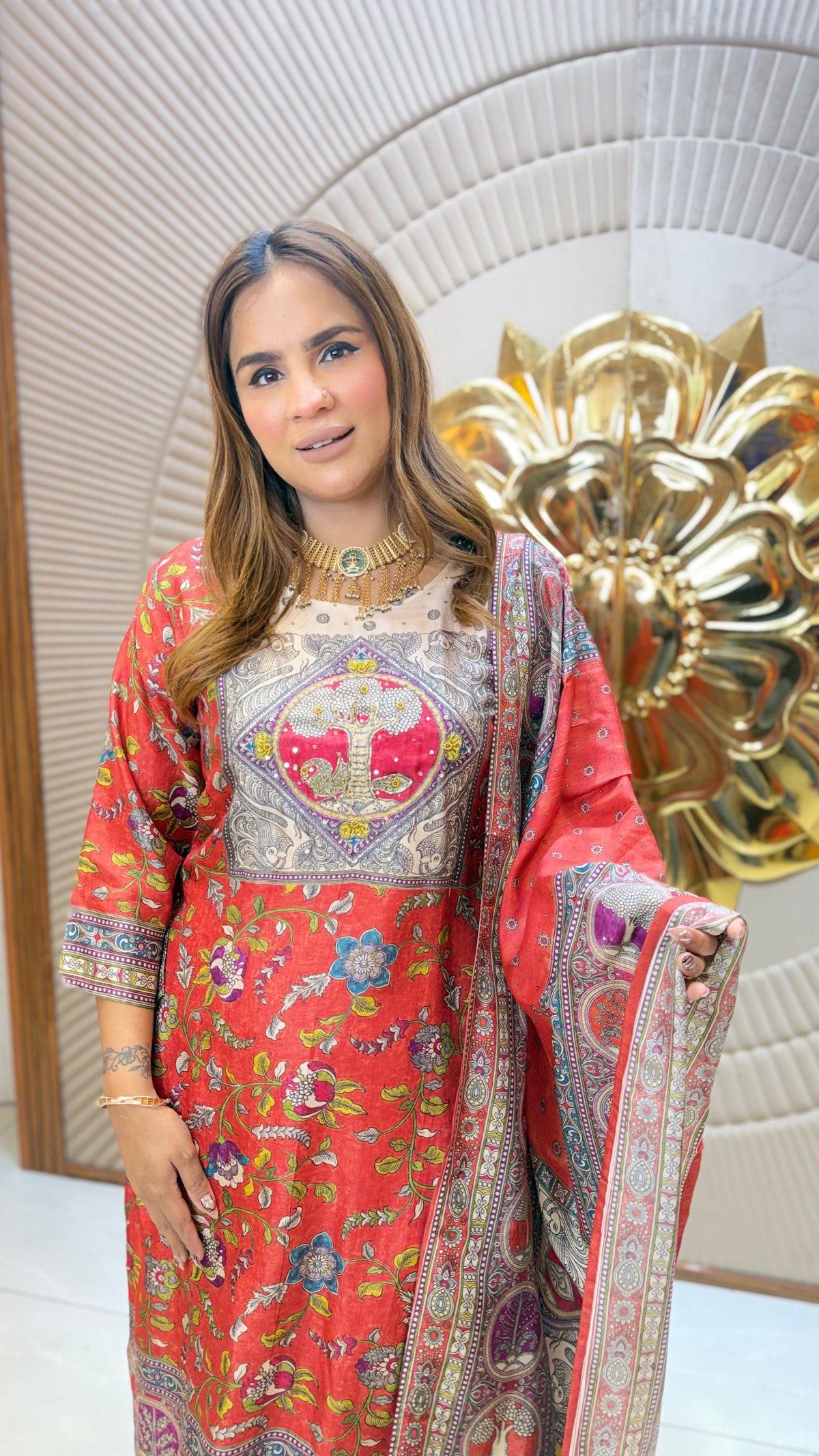Beautiful red and beige printed ethnic kurta set pc3684