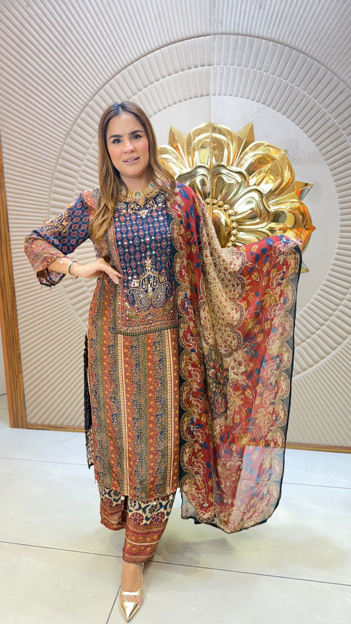 Beautiful multicolored digitally printed digital print suit set pc3677