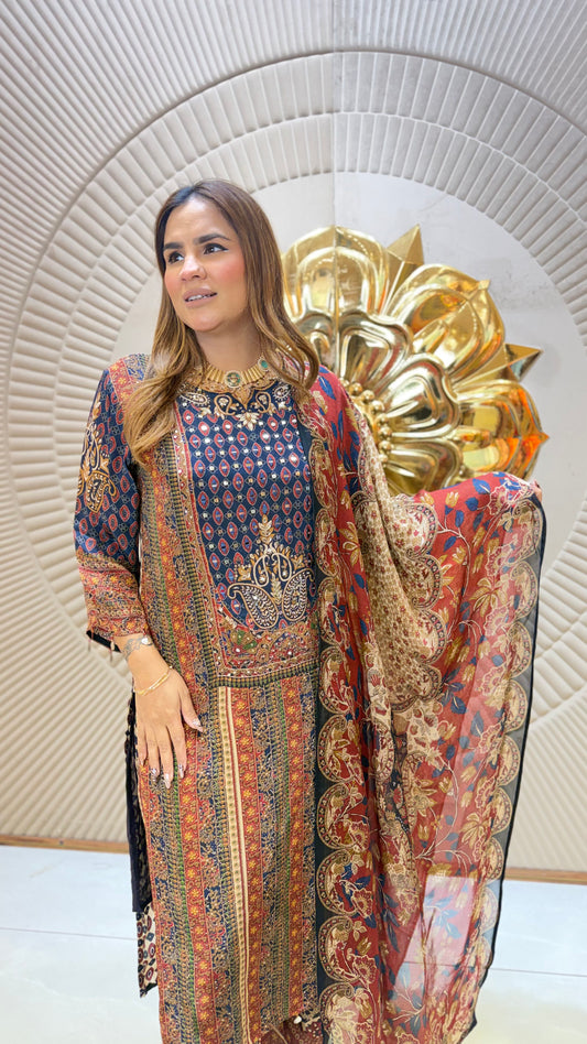 Beautiful multicolored digitally printed digital print suit set pc3677