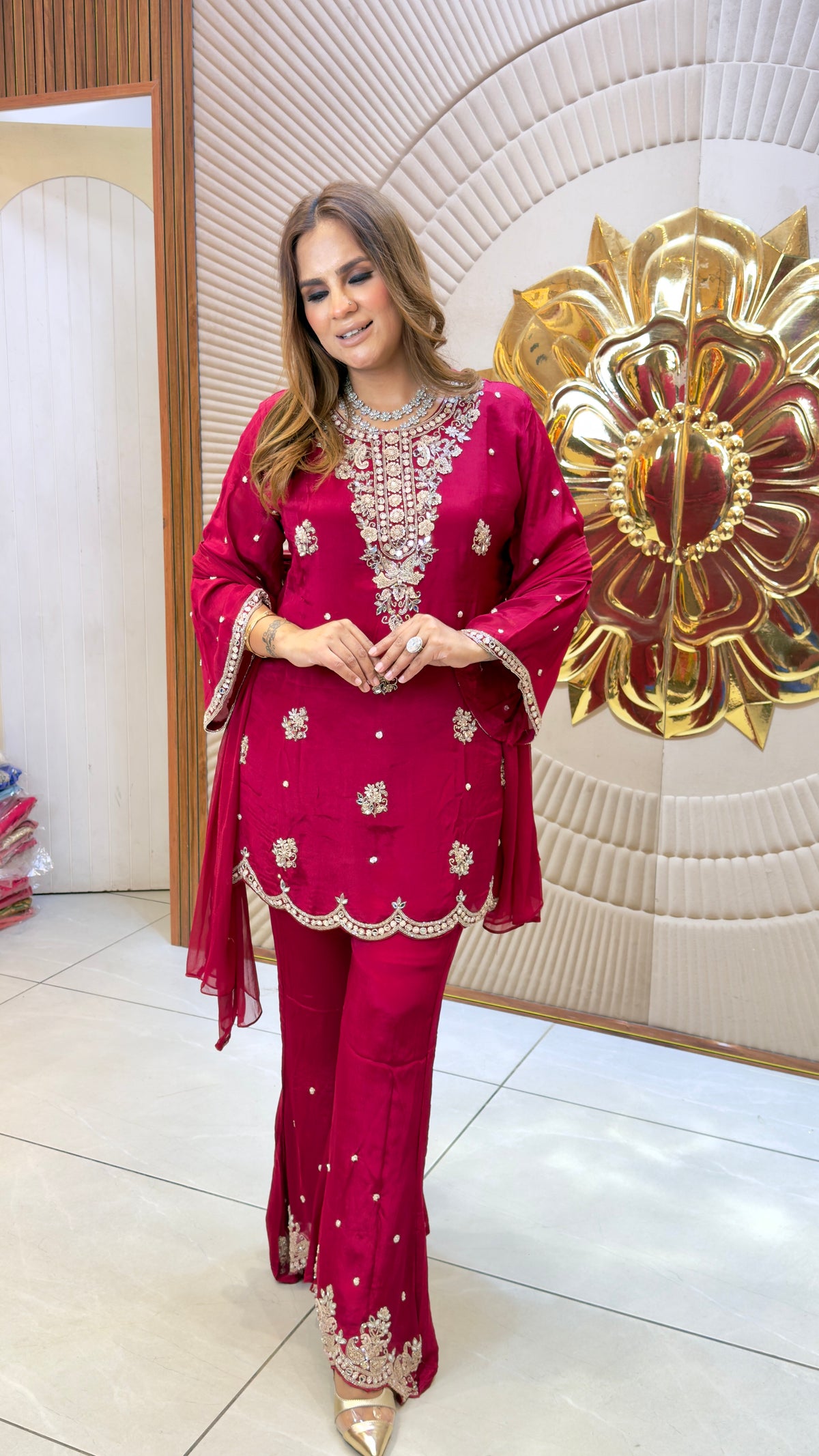 Elegant silk-blend or chinnon kurti set PC3726