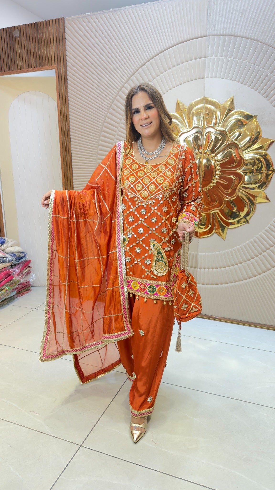 Elegant Rust-orange ethnic or embroidered straight kurta PC3730