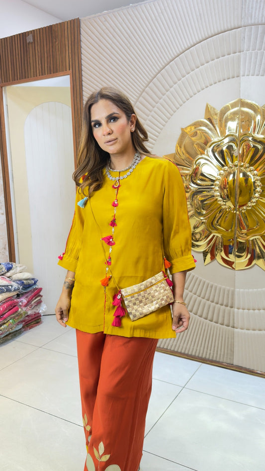 Elegant Mustard Top and Orange Lampi Gota Pants Set PC3731