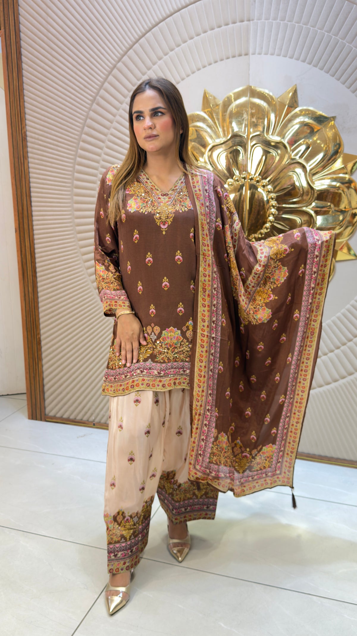 Beautiful brown embroidered kurta set with a farshi salwar PC3733