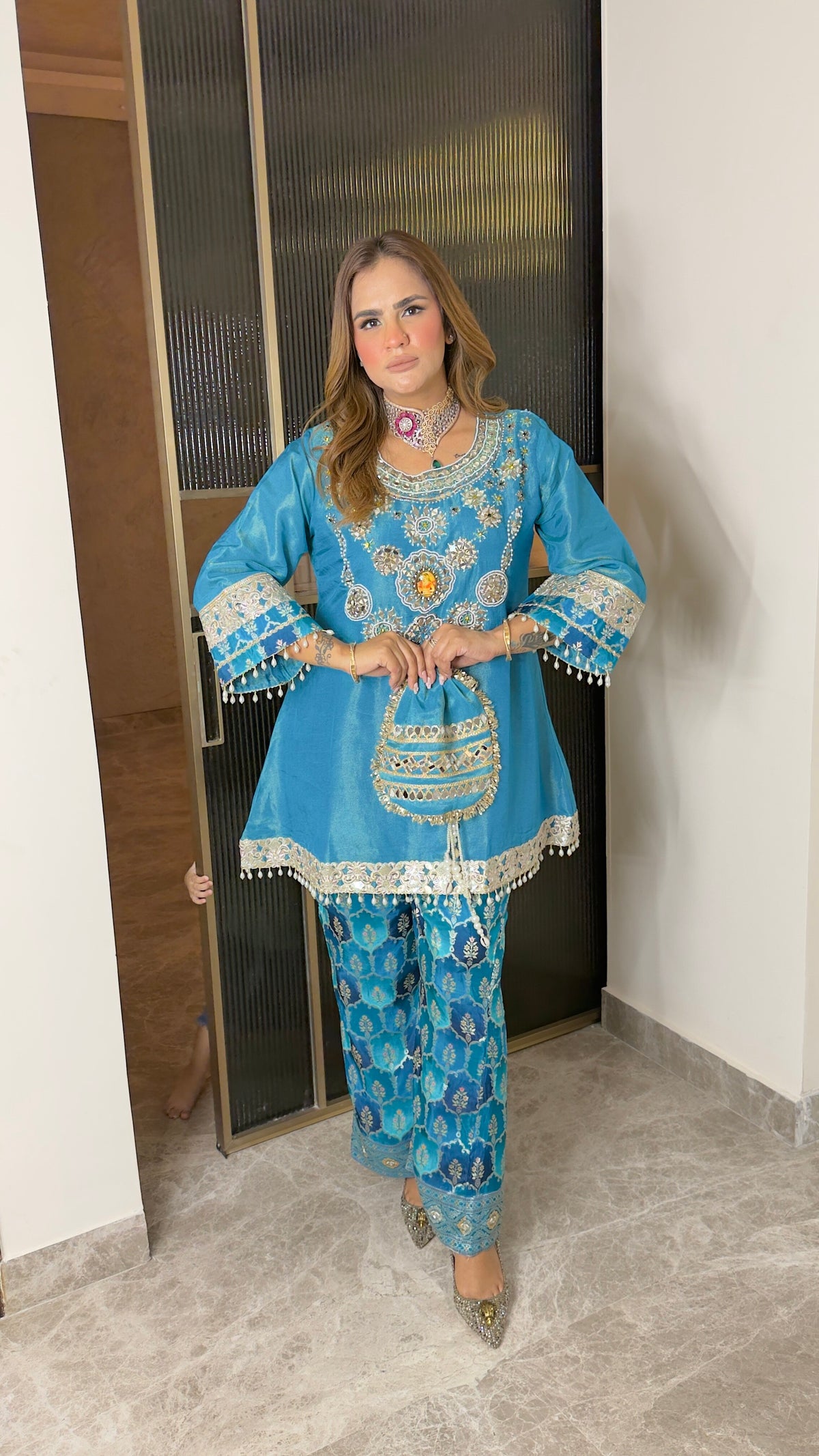 Beautiful teal blue partywear co-ord and sharara/pant set pc3764