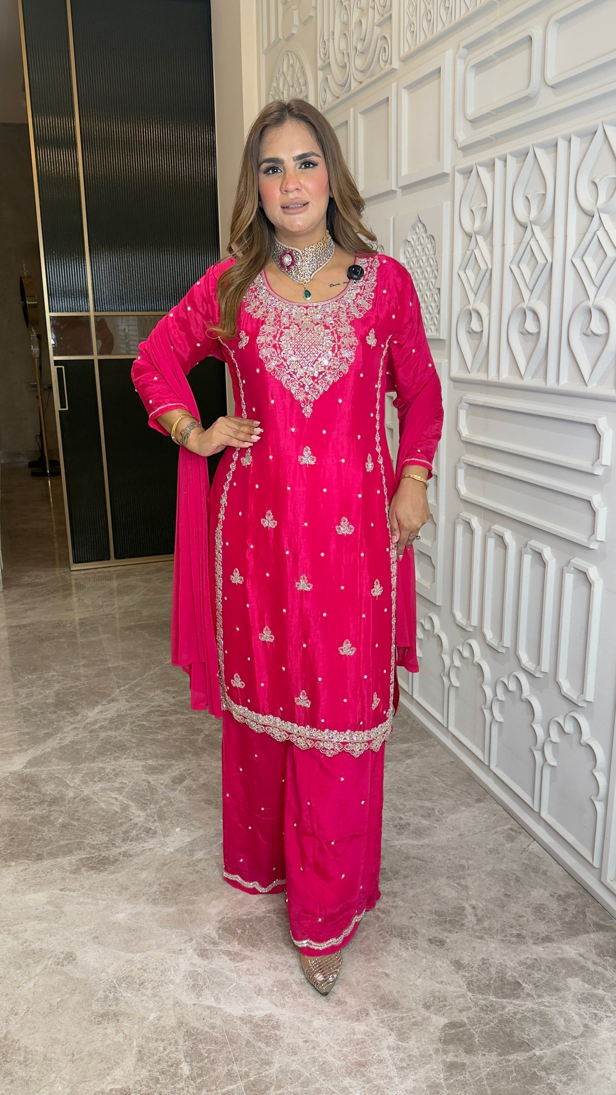 Elegant hot pink/fuchsia ethnic embroidered kurta set pc3776