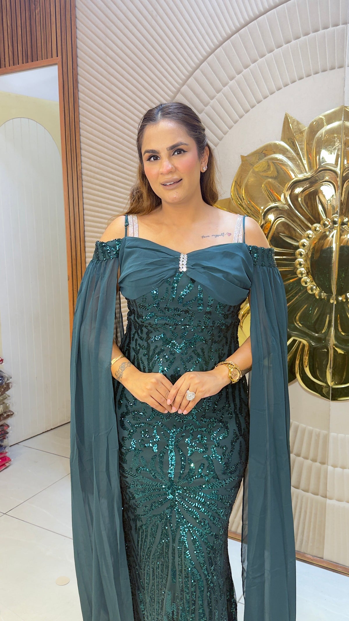 Beautiful cold-shoulder floor-length sequin embroidered pc3784