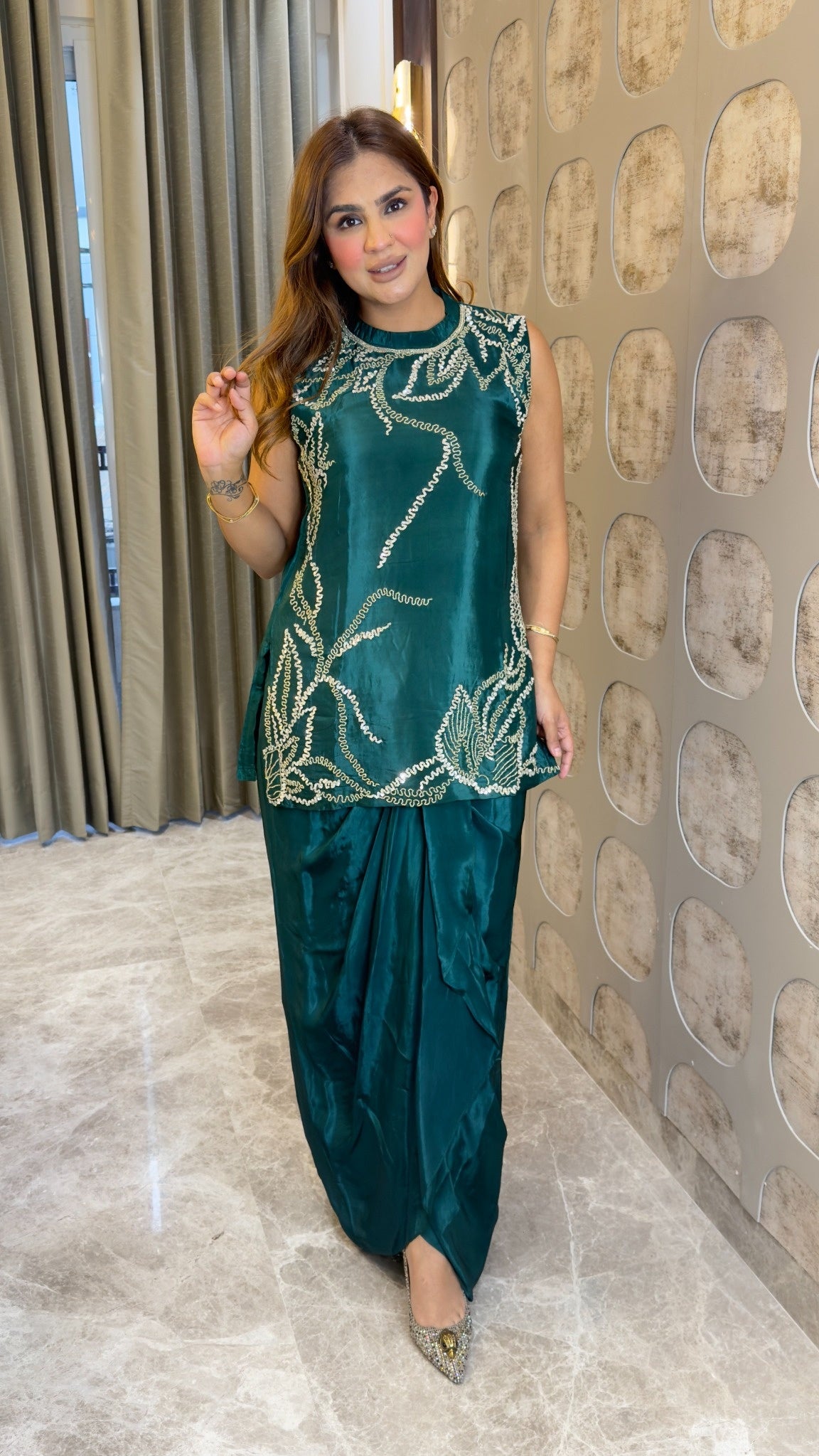 Elegant embroidered silk top paired with a matching satin draped skirt pc3804