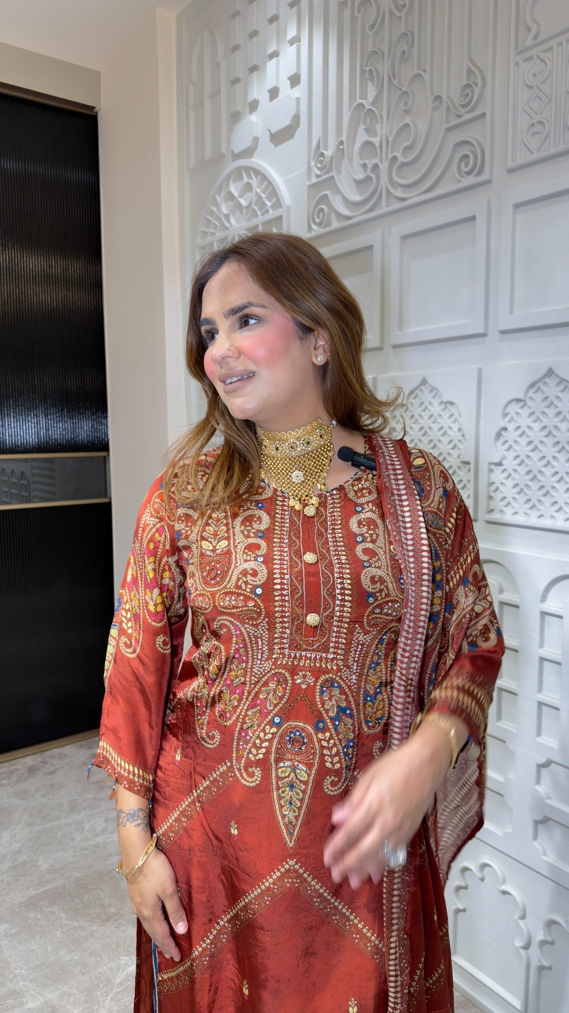 Elegant rust-orange paisley-printed pure crepe three-piece ethnic suit set pc3806