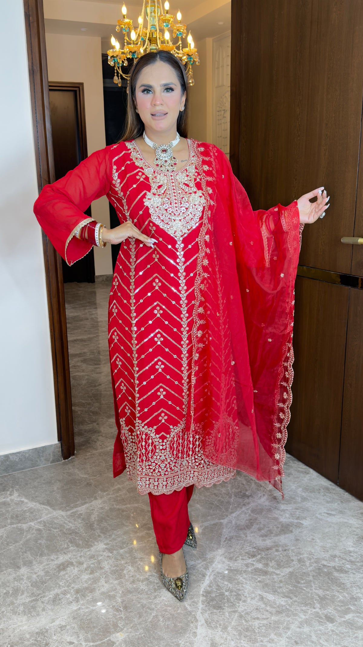 Beautiful red three-piece embroidered ethnic suit set pc3826