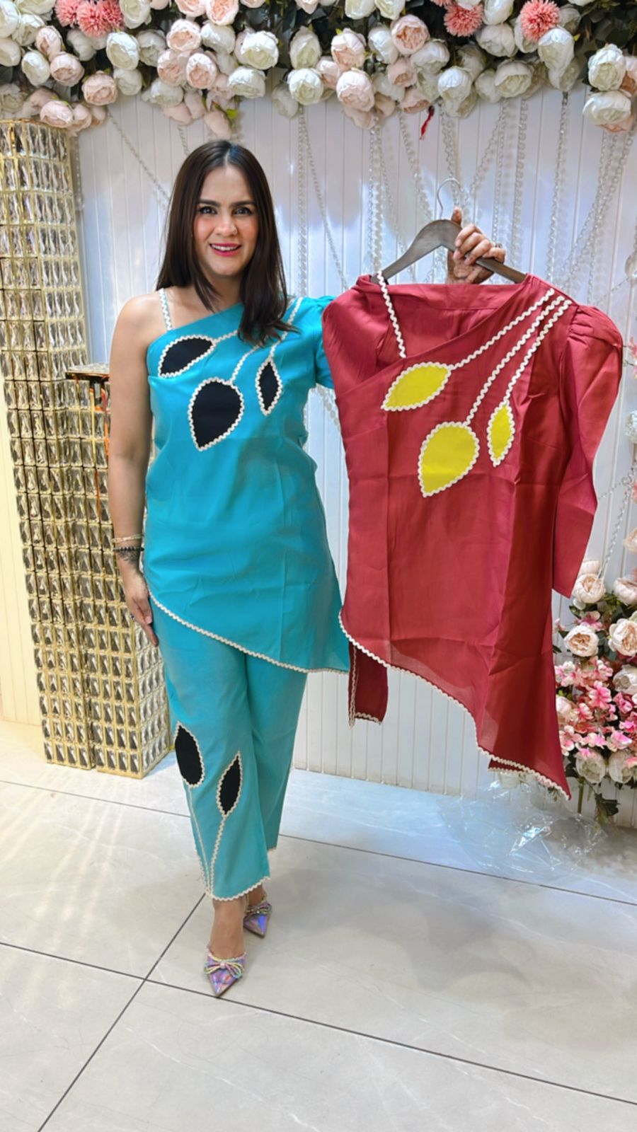 One Shoulder Dress With Front Leaf Design PC935