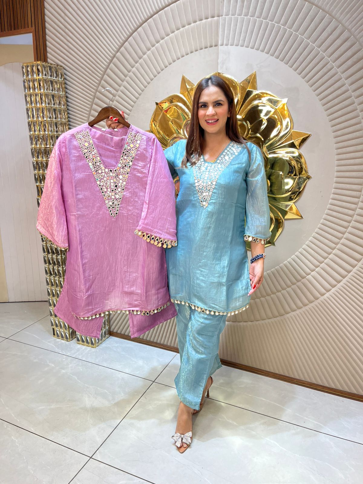 Beautiful Co-Ord Set With Mirror Work On Neck PC1654