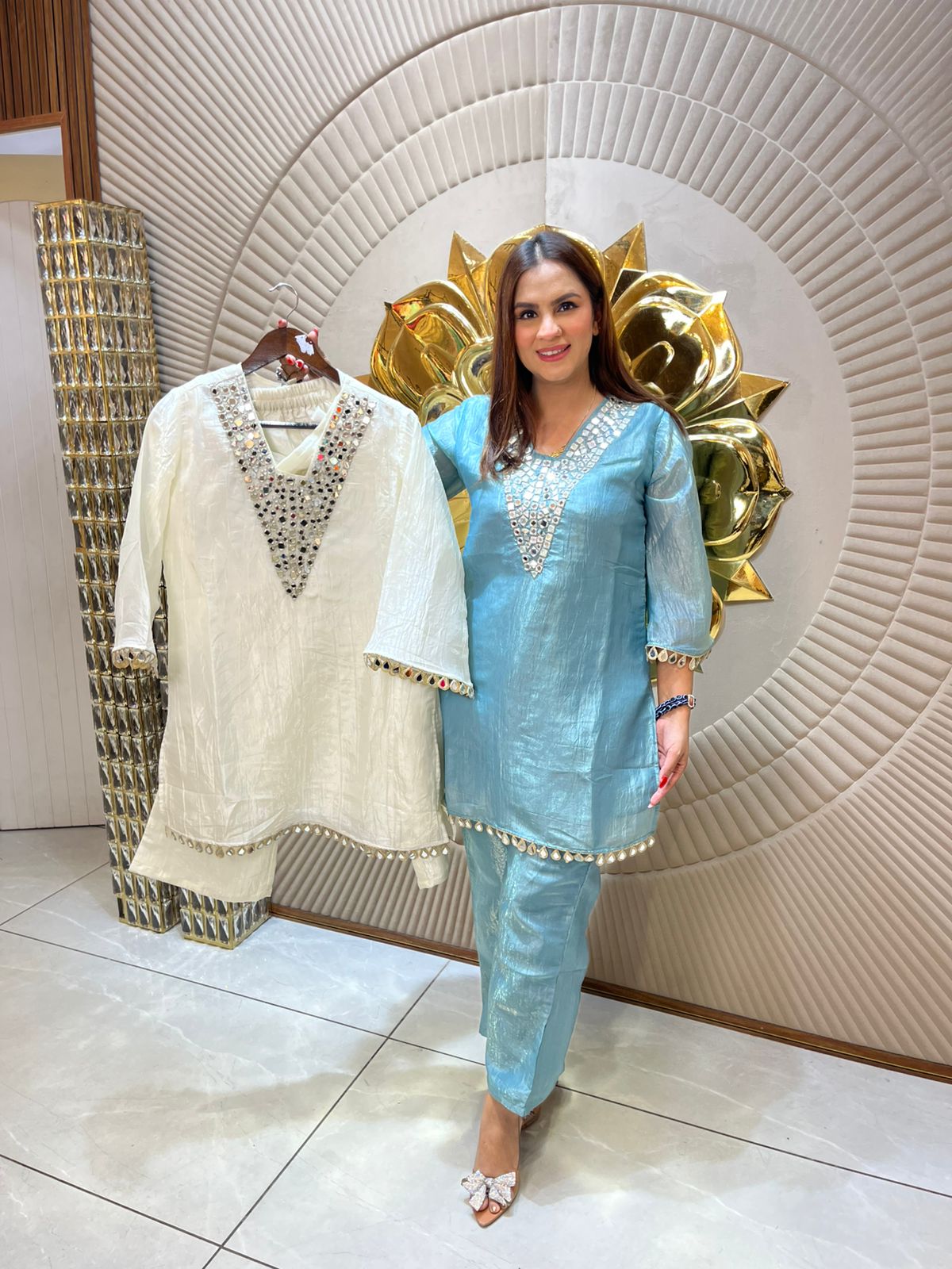 Beautiful Co-Ord Set With Mirror Work On Neck PC1654