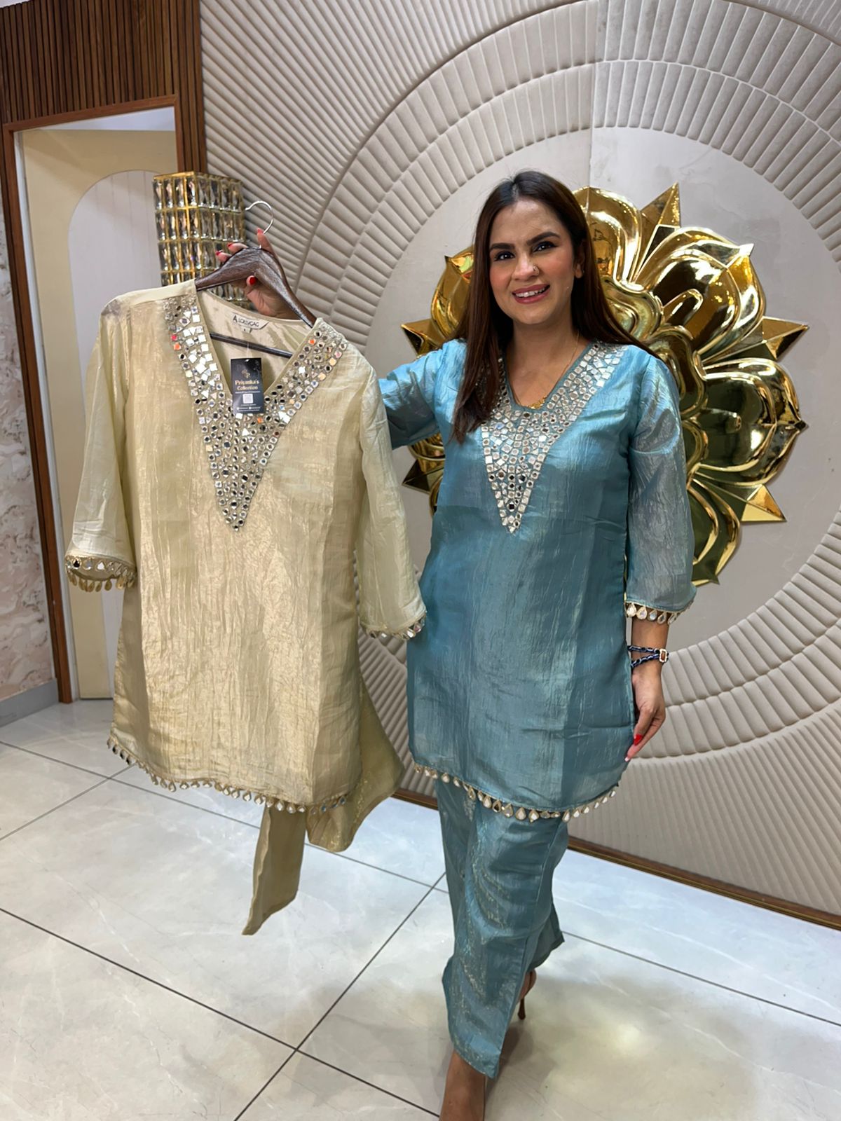 Beautiful Co-Ord Set With Mirror Work On Neck PC1654