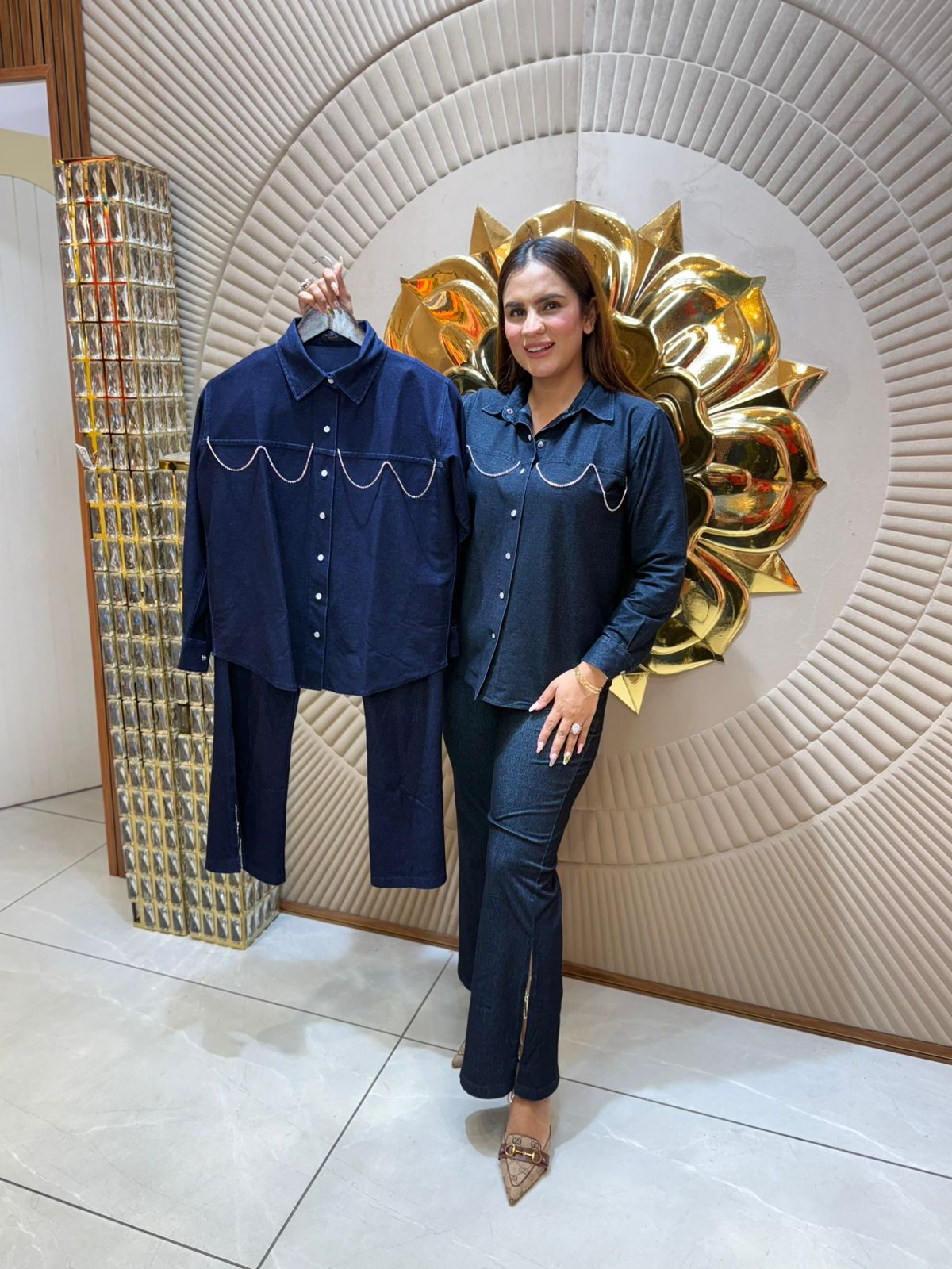 Beautiful Denim Co-Ord Set With Pearl Work PC1741