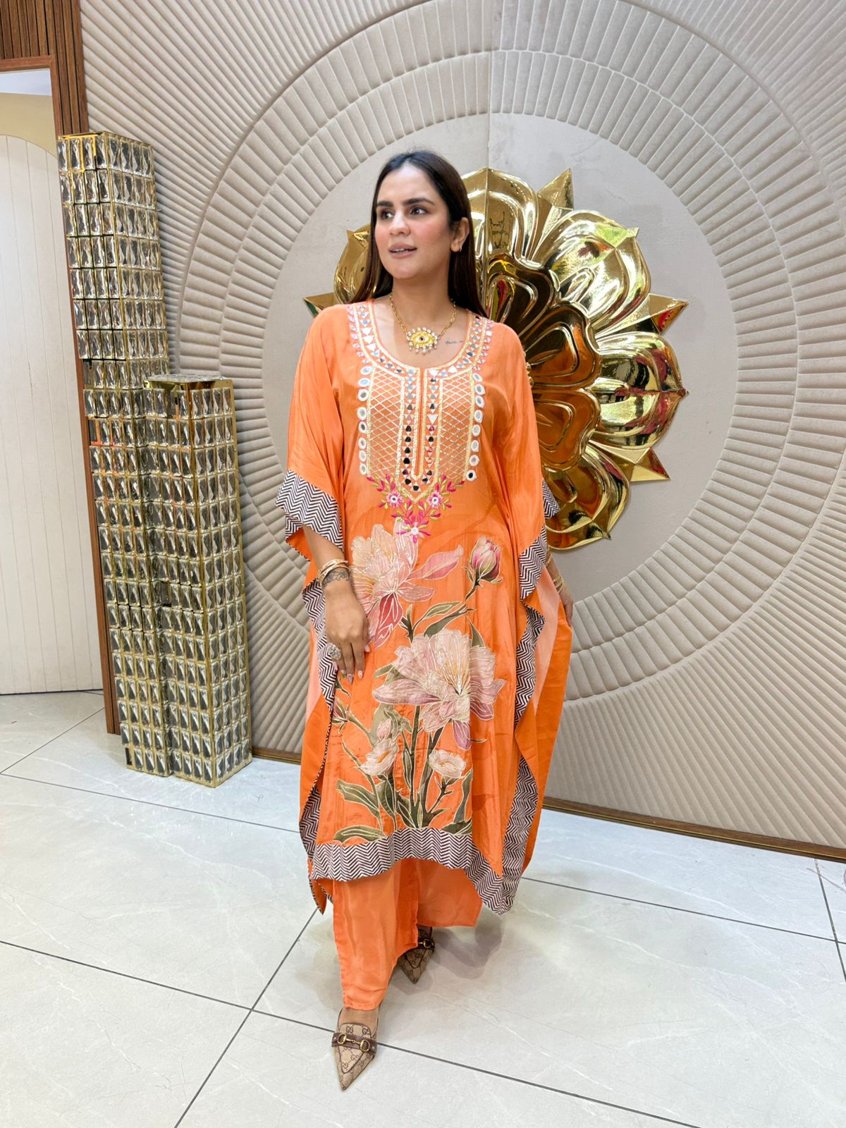 Beautiful Floral Kaftan With Mirror Work On Neck PC1771