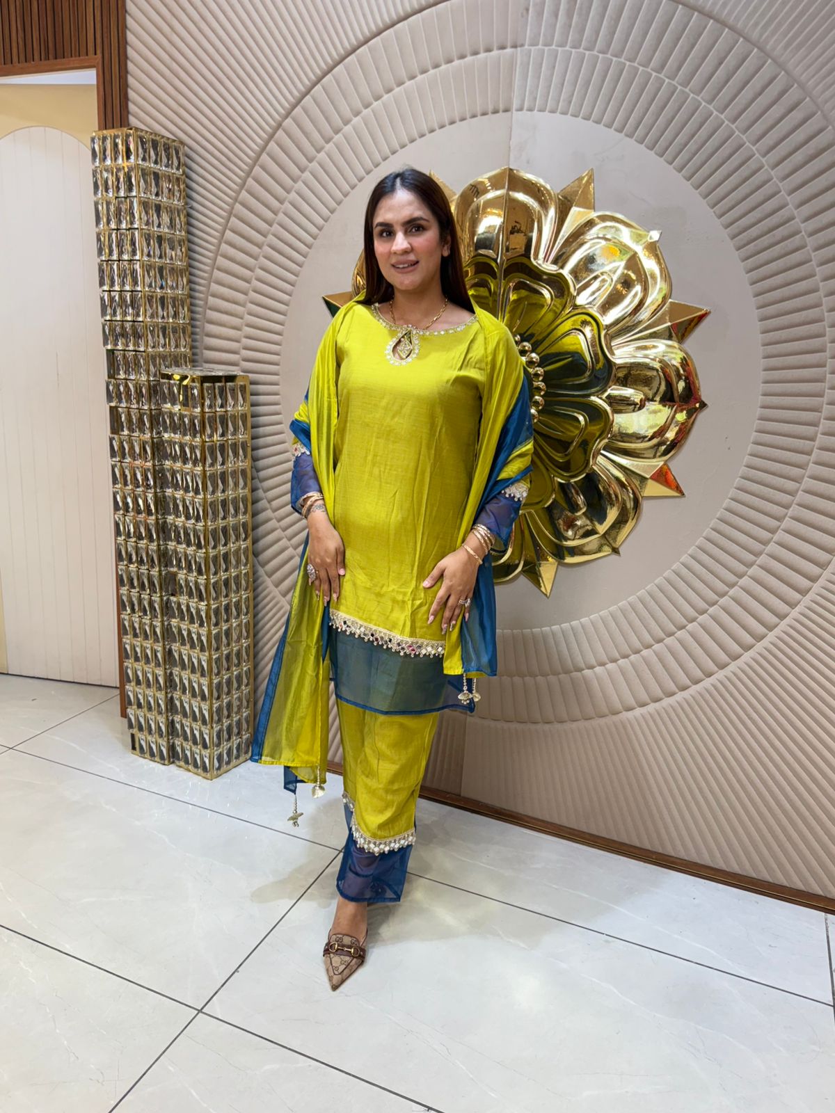 Stunning Double Color Suit With Mirror Lace Work PC1773