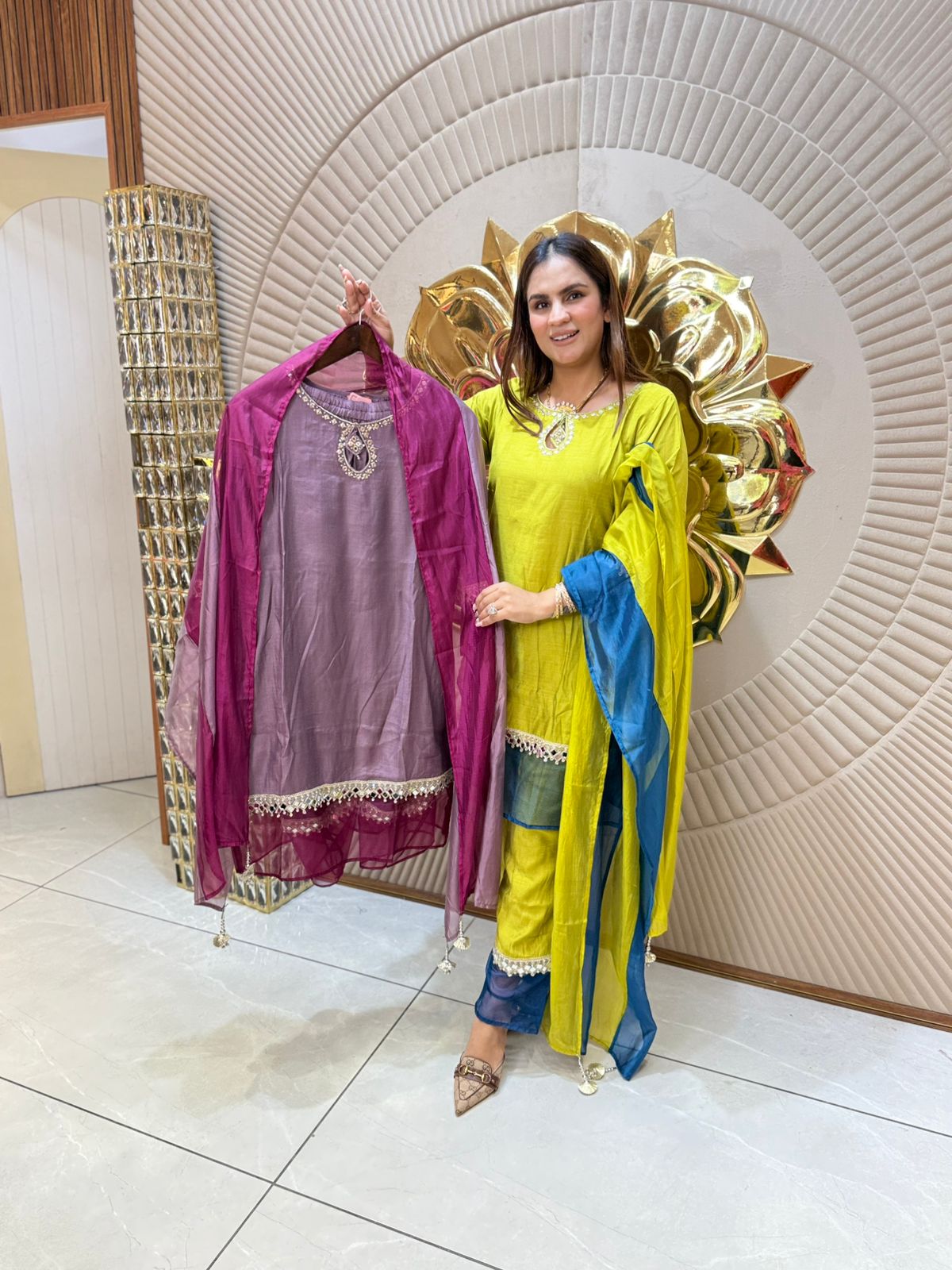 Stunning Double Color Suit With Mirror Lace Work PC1773