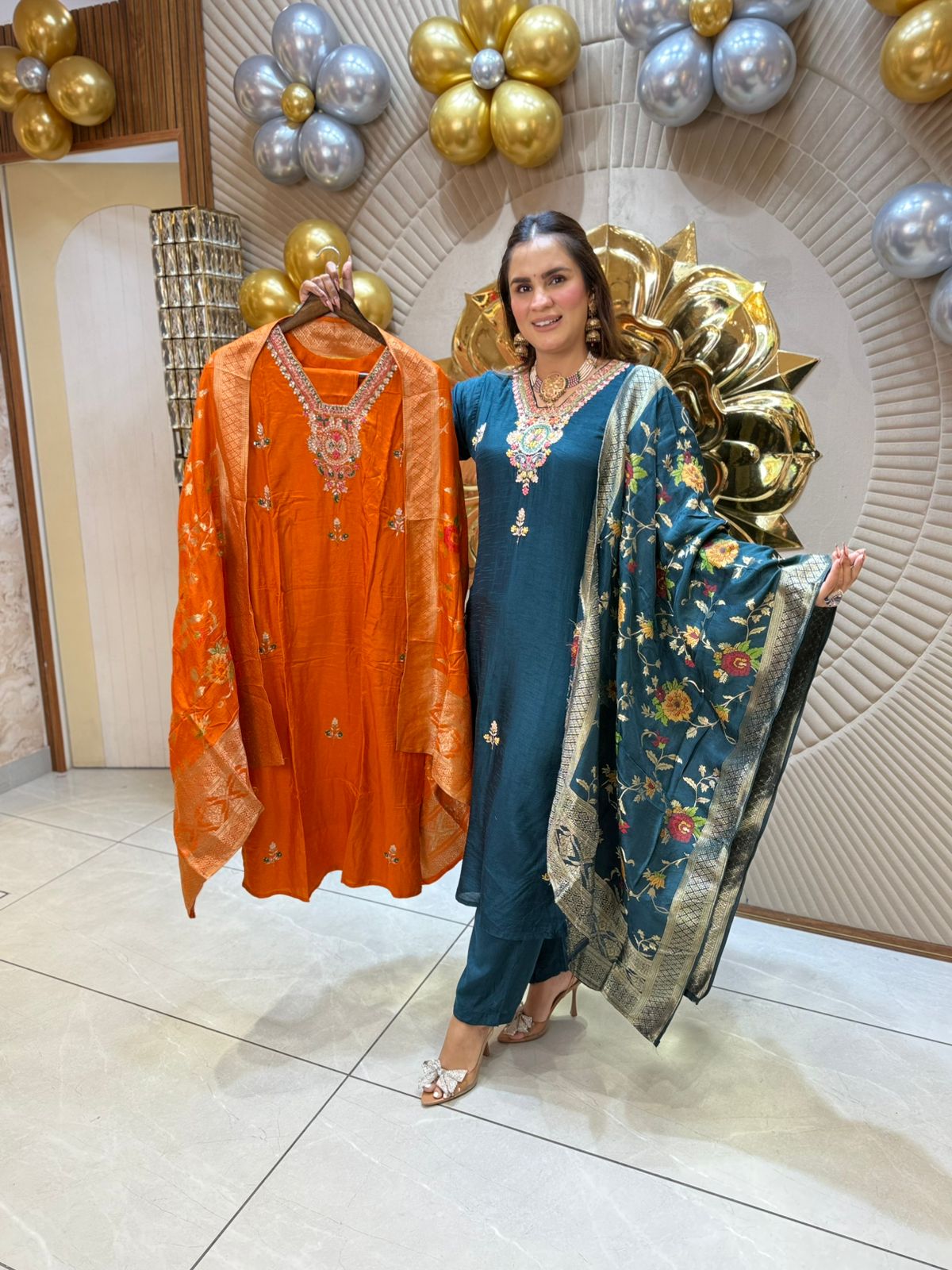 Teal Embroidered Suit with Banarasi Dupatta PC1828