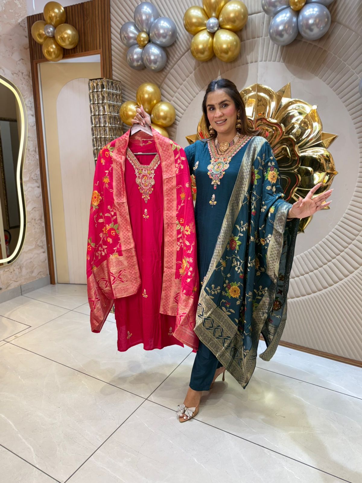 Teal Embroidered Suit with Banarasi Dupatta PC1828