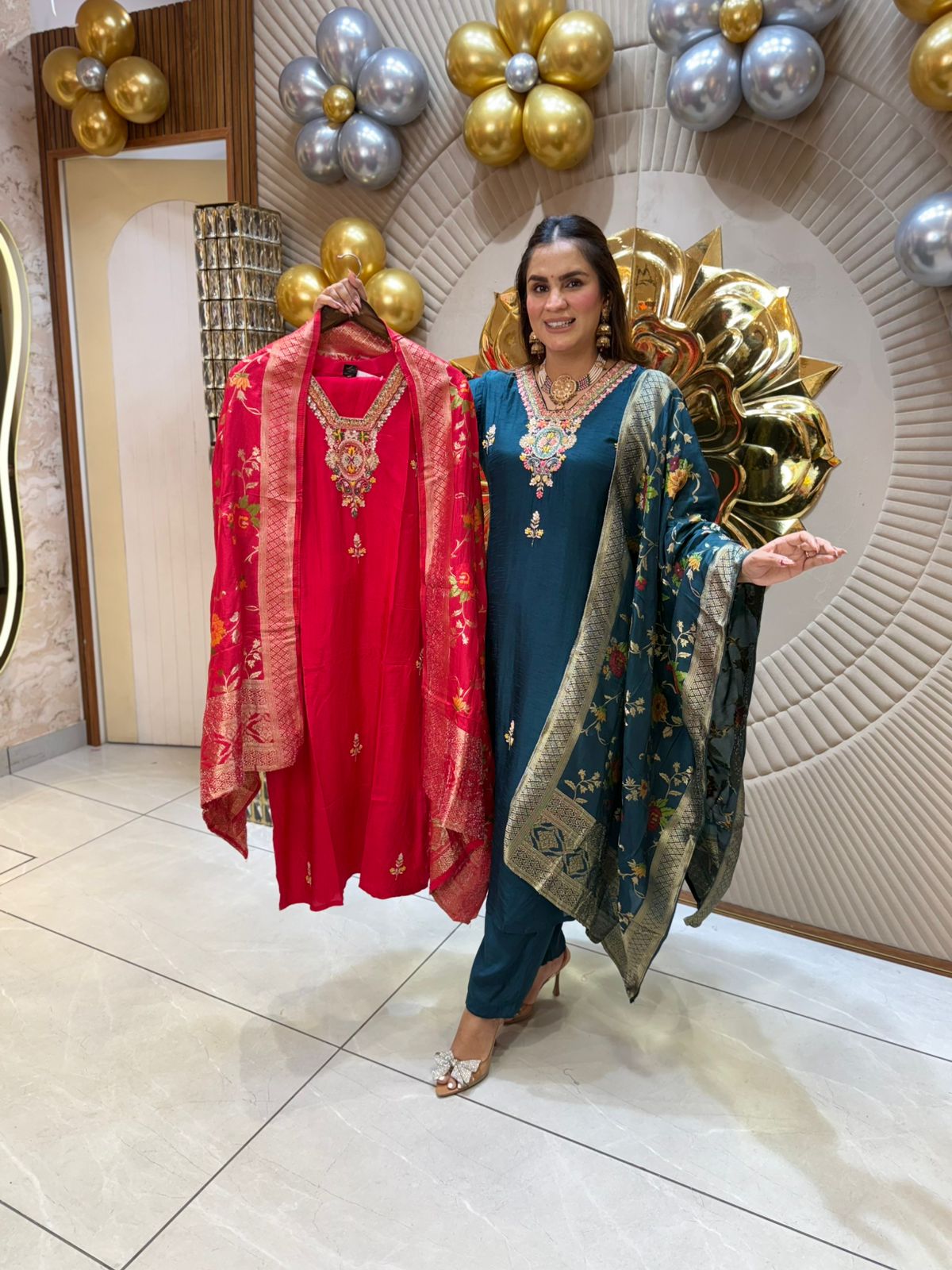 Teal Embroidered Suit with Banarasi Dupatta PC1828