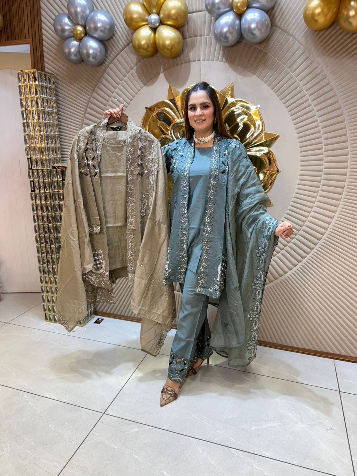 Chic Steel Blue Embroidered Suit PC1852