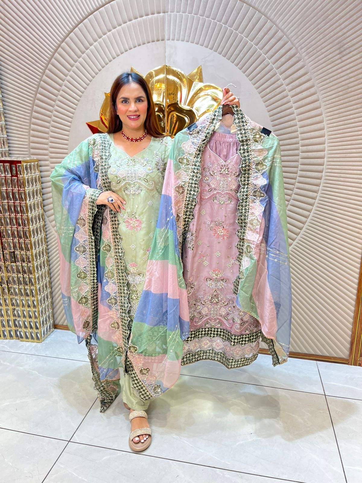 Elegant Traditional Attire with Embellished Dupatta and Matching Outfit PC1863