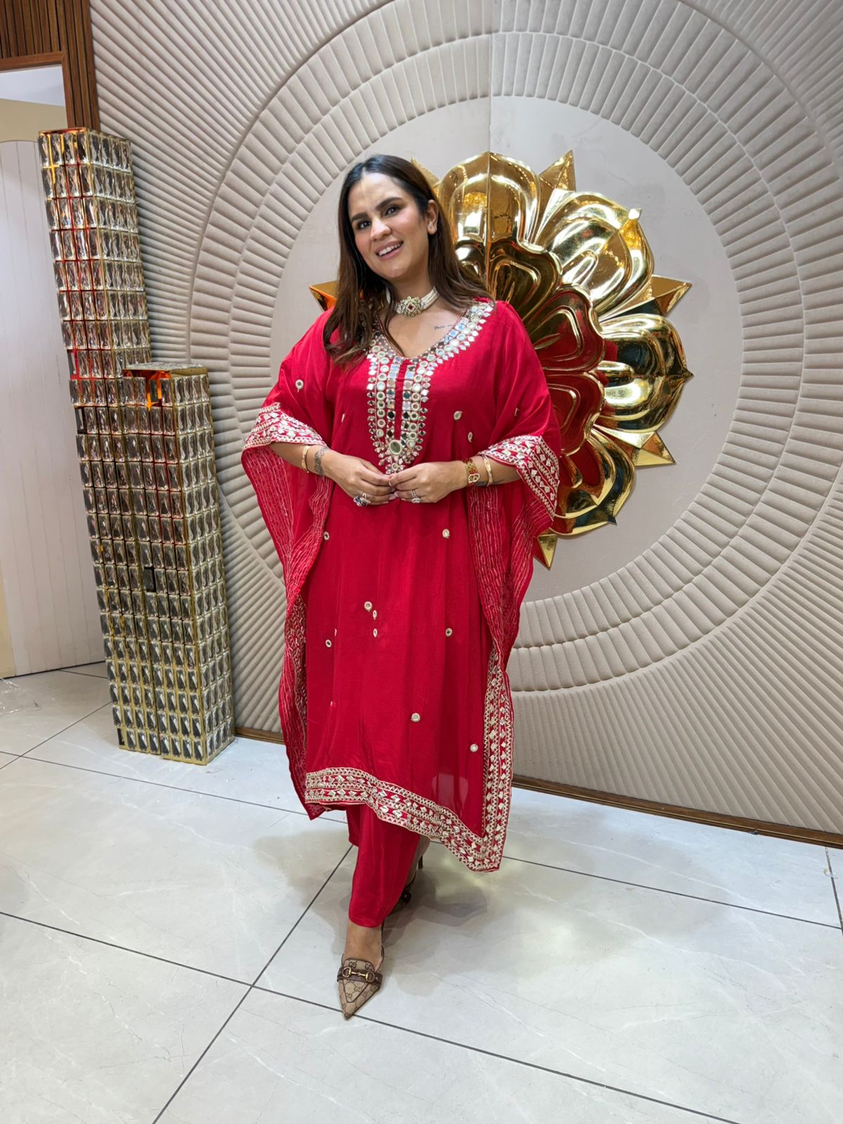A Stunning Fusion of Red and Orange in Festive Wear PC1879