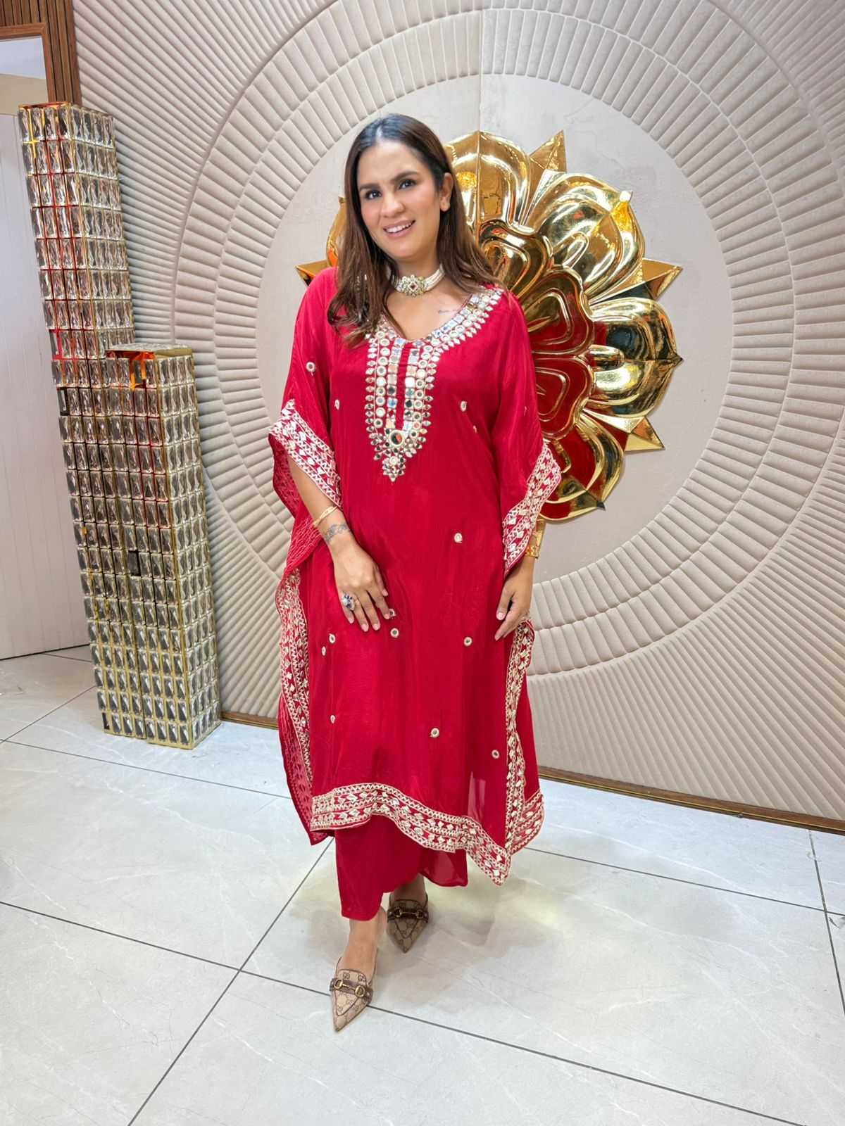 A Stunning Fusion of Red and Orange in Festive Wear PC1879