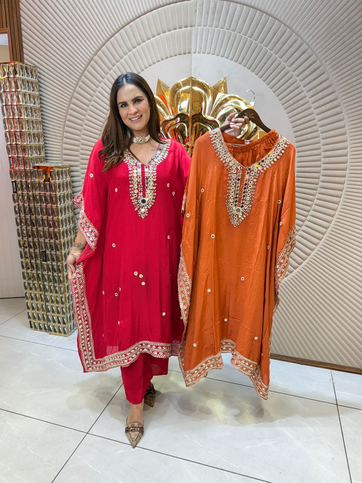 A Stunning Fusion of Red and Orange in Festive Wear PC1879
