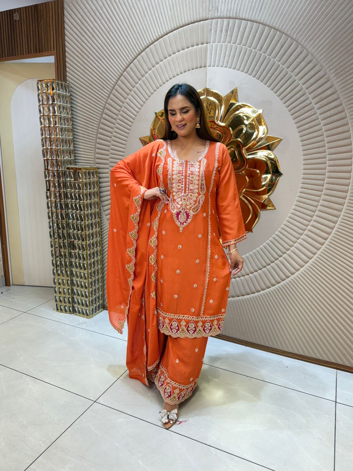 Elegant Embroidered Festive Suit in Rich Orange Hue PC1906