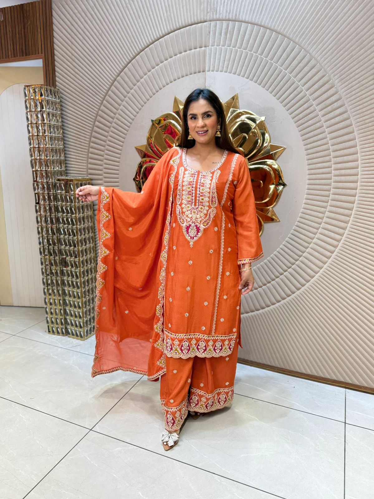 Elegant Embroidered Festive Suit in Rich Orange Hue PC1906
