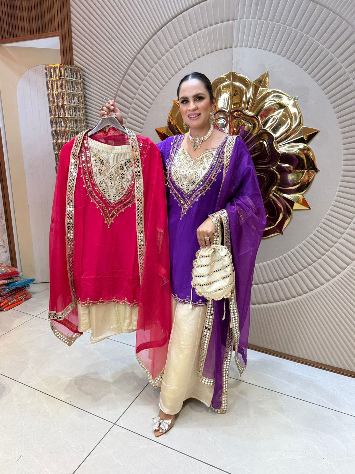 Beautiful Suit With Mirror Work & Potli PC1934