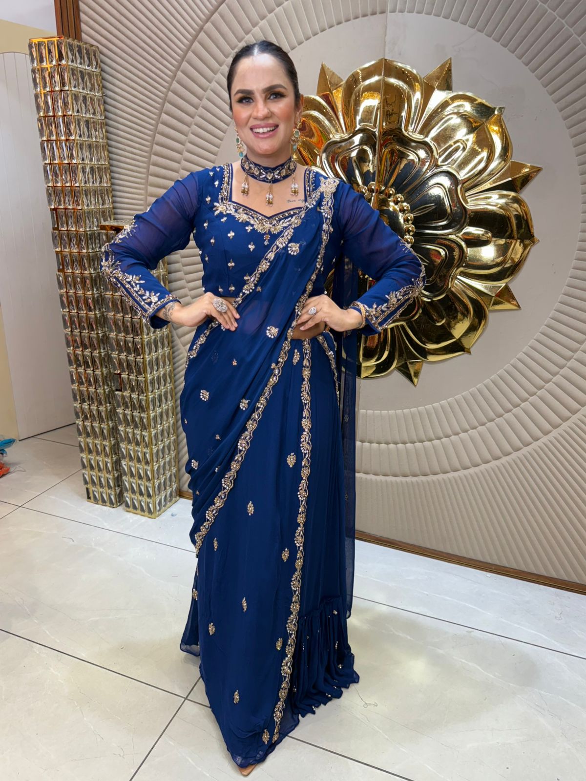Partywear Embroidered Saree With Choker Neck PC1935