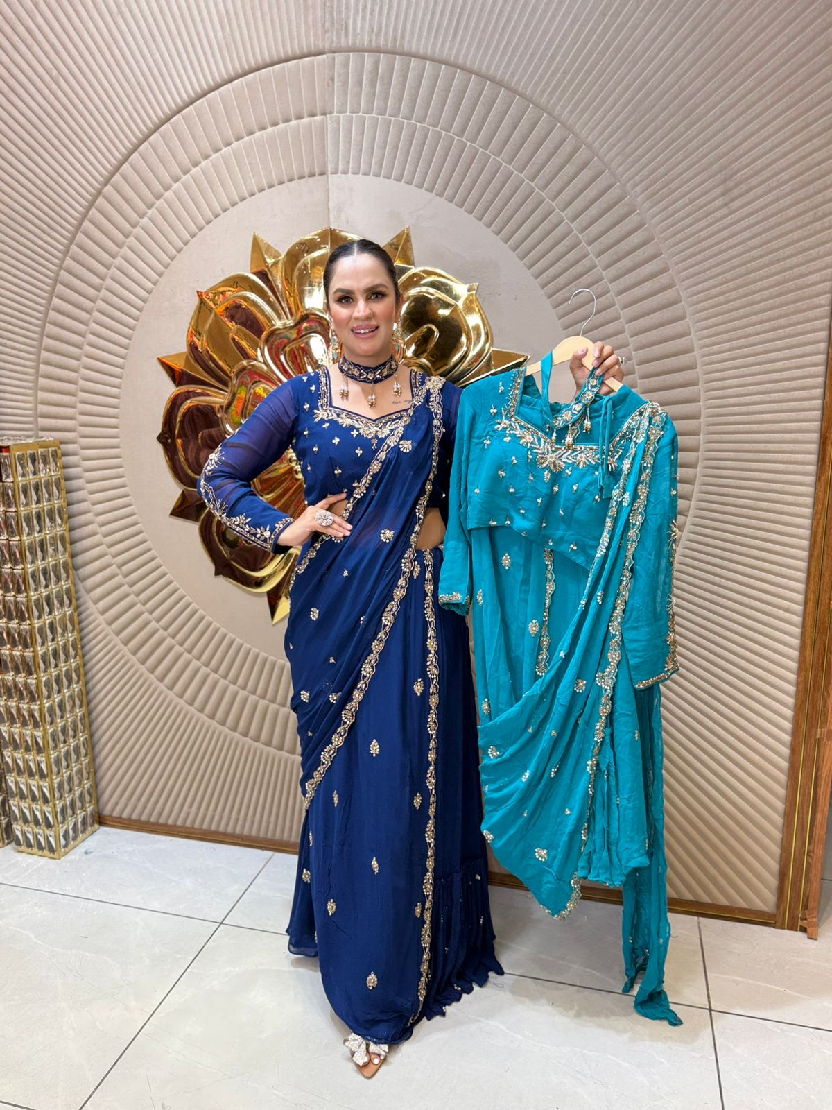 Partywear Embroidered Saree With Choker Neck PC1935