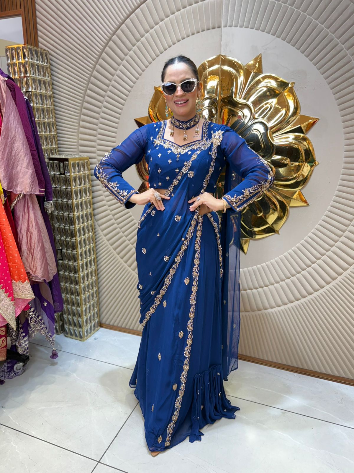 Partywear Embroidered Saree With Choker Neck PC1935