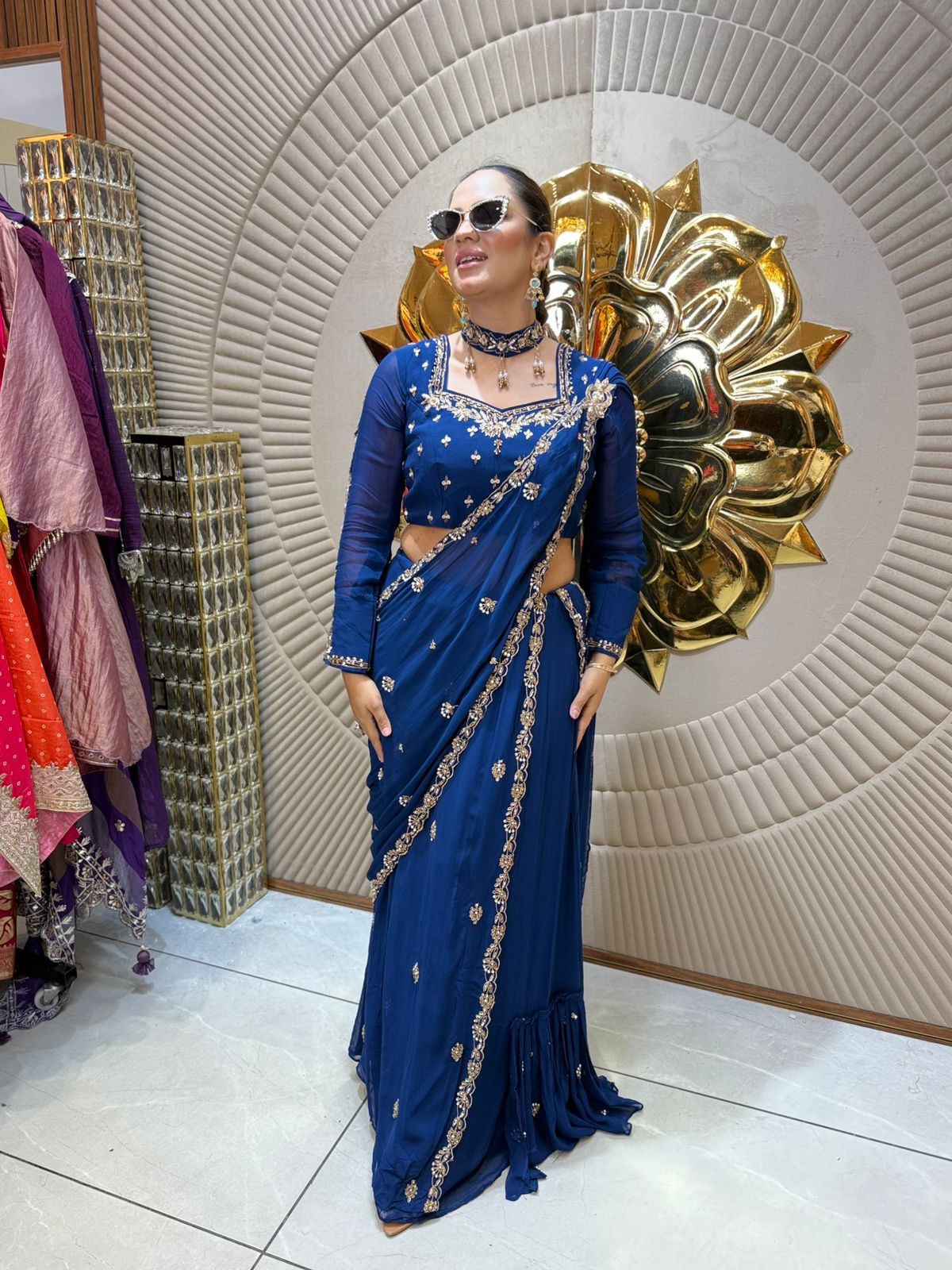 Partywear Embroidered Saree With Choker Neck PC1935