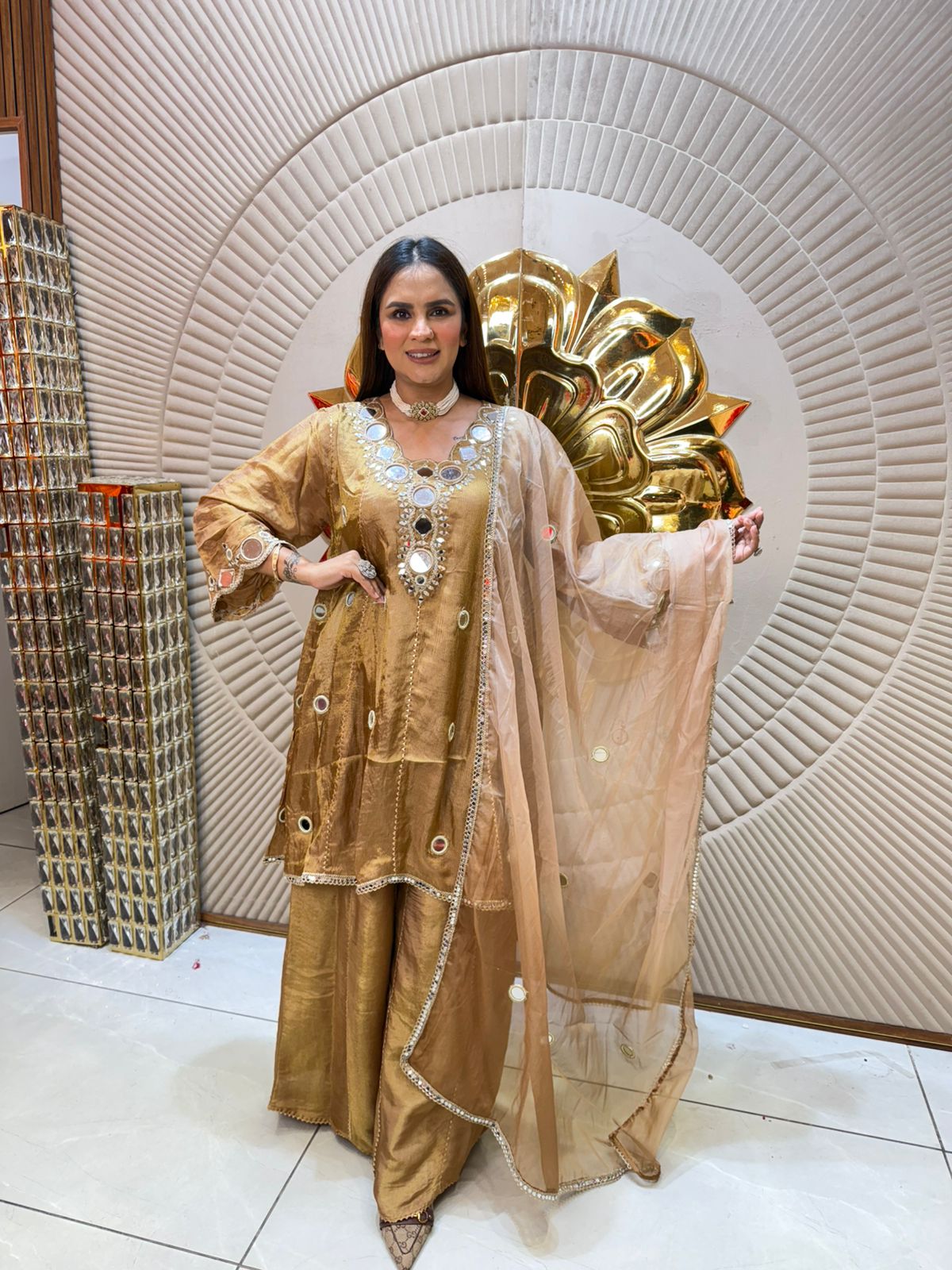 Pure Crape Silk Suit With Mirror Work On Neck PC1958