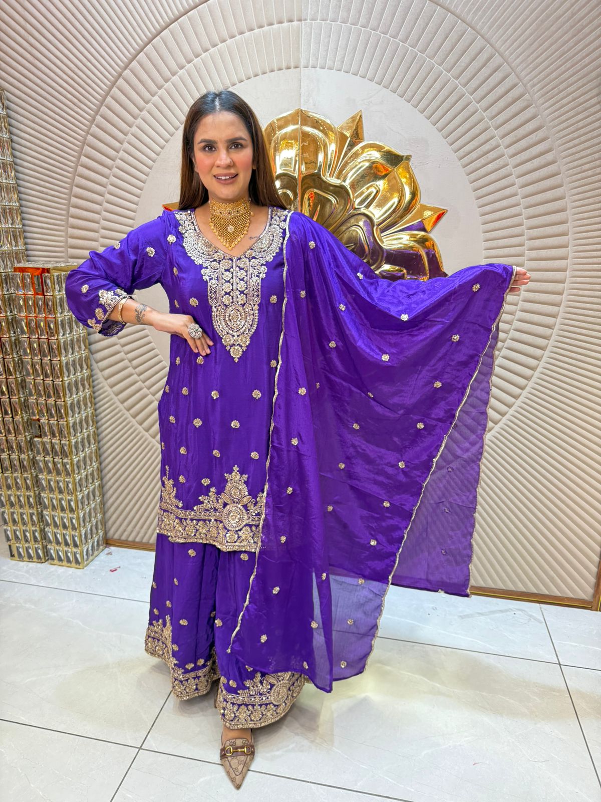 Chinon Fabric Suit With Beautiful Embroidery Work PC1970